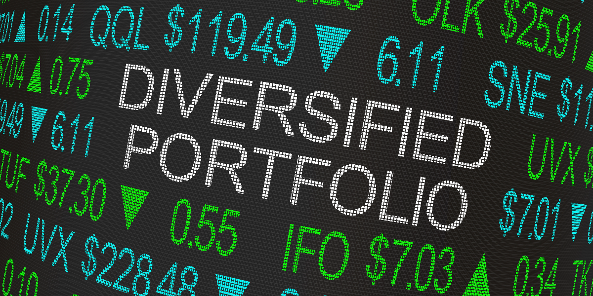 Stock ticker board with words "diversified portfolio" in center.